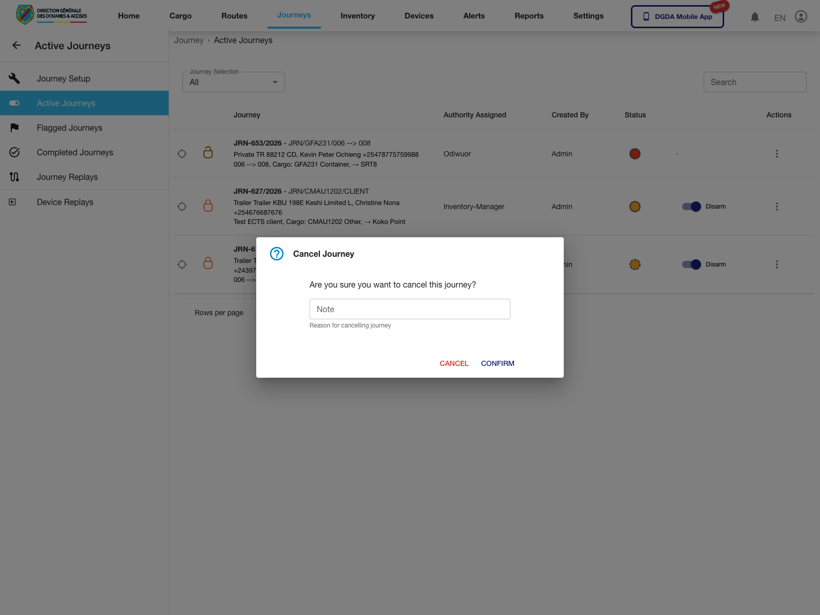 Journey - Cancel journey dialog