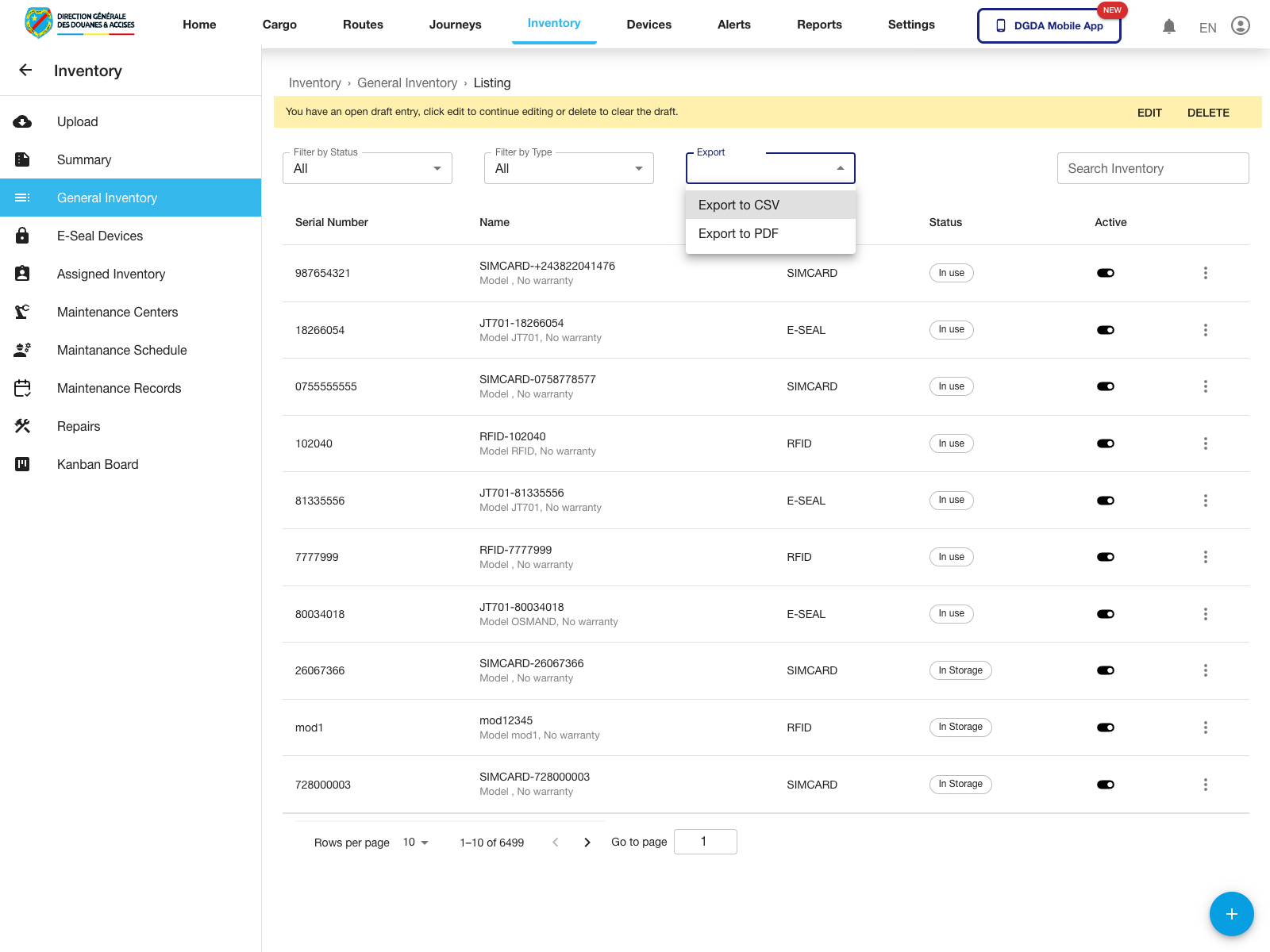 Inventory - Export options
