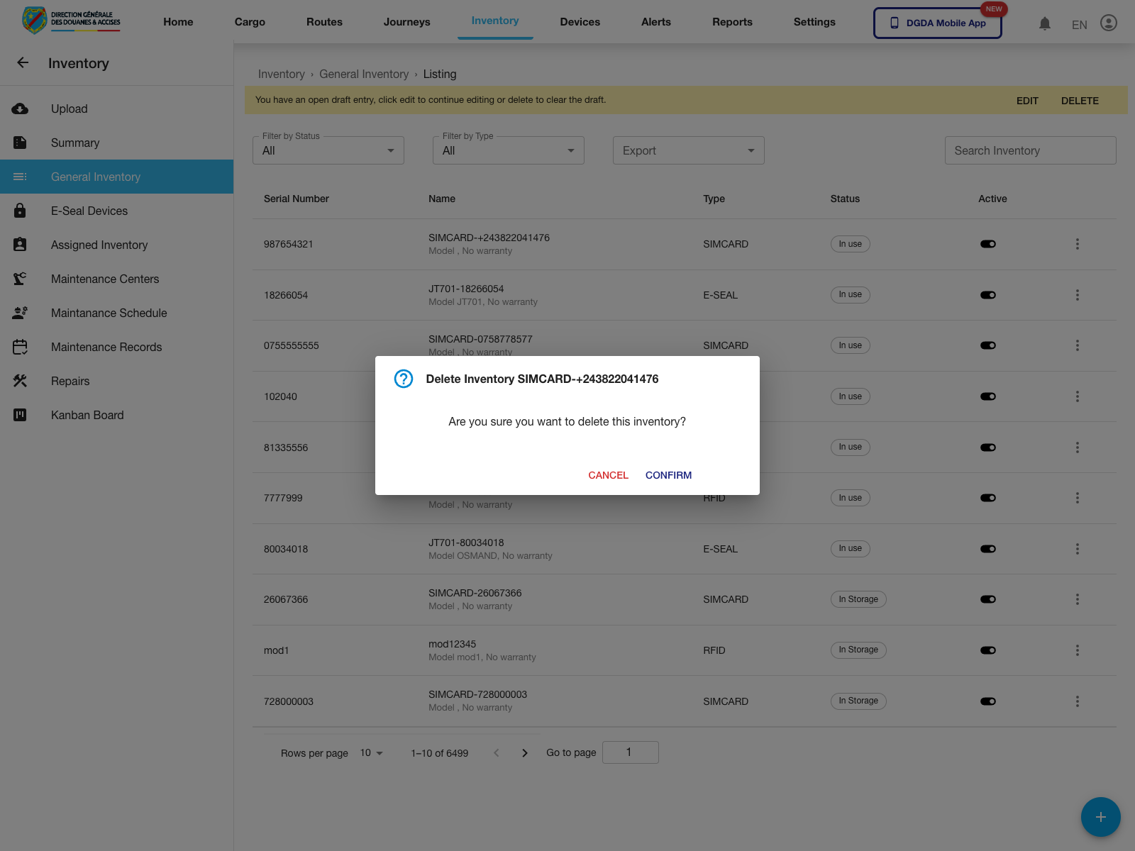Inventory - Delete dialog