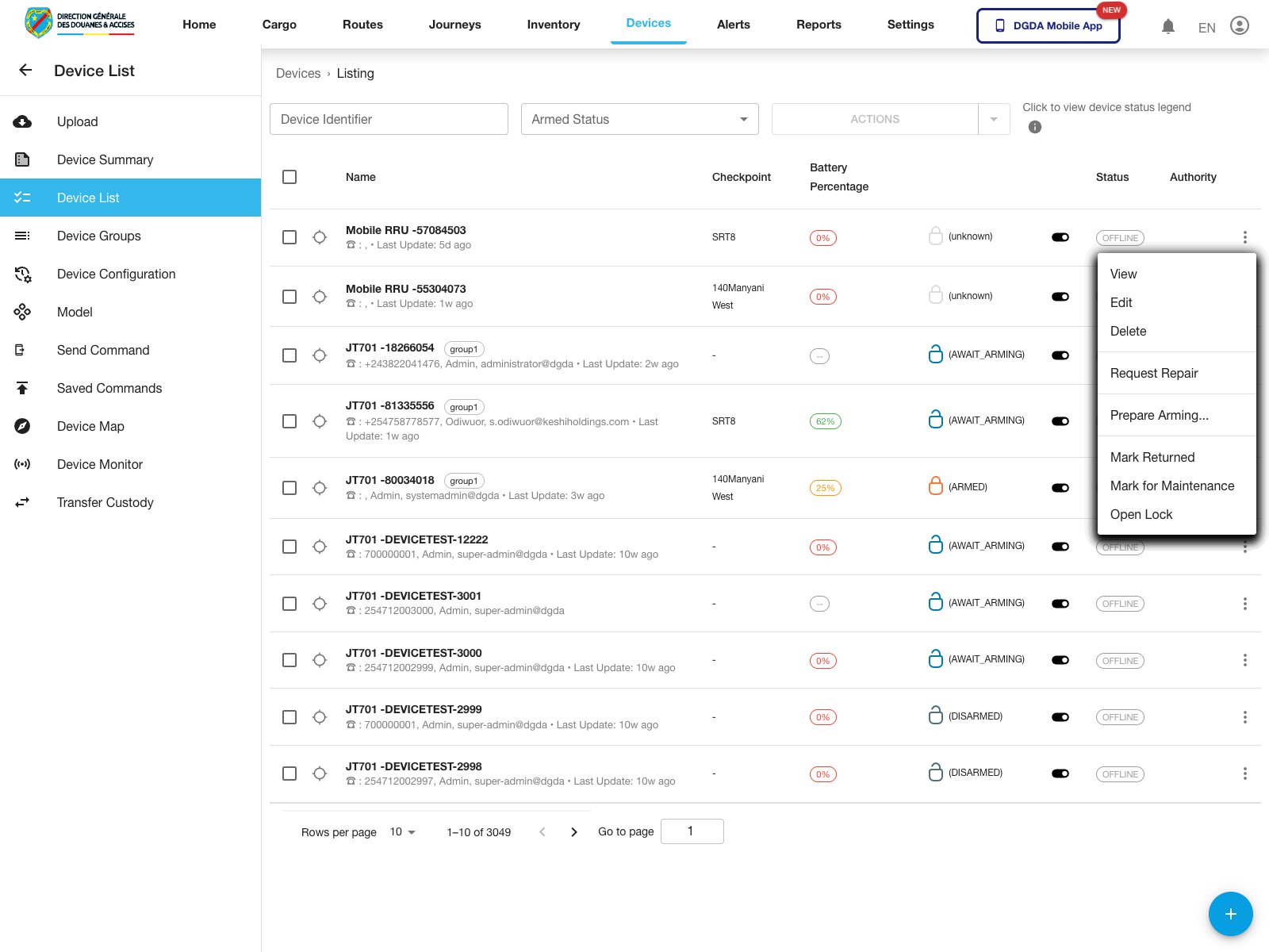 Device - Row actions