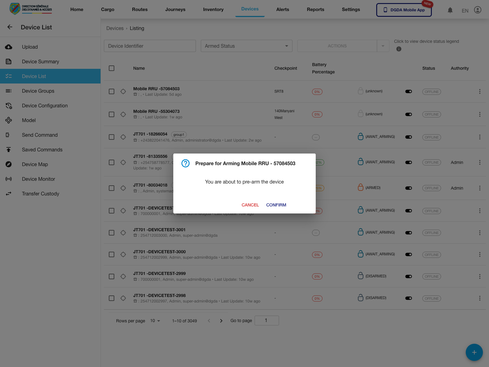 Device - Prepare arming dialog