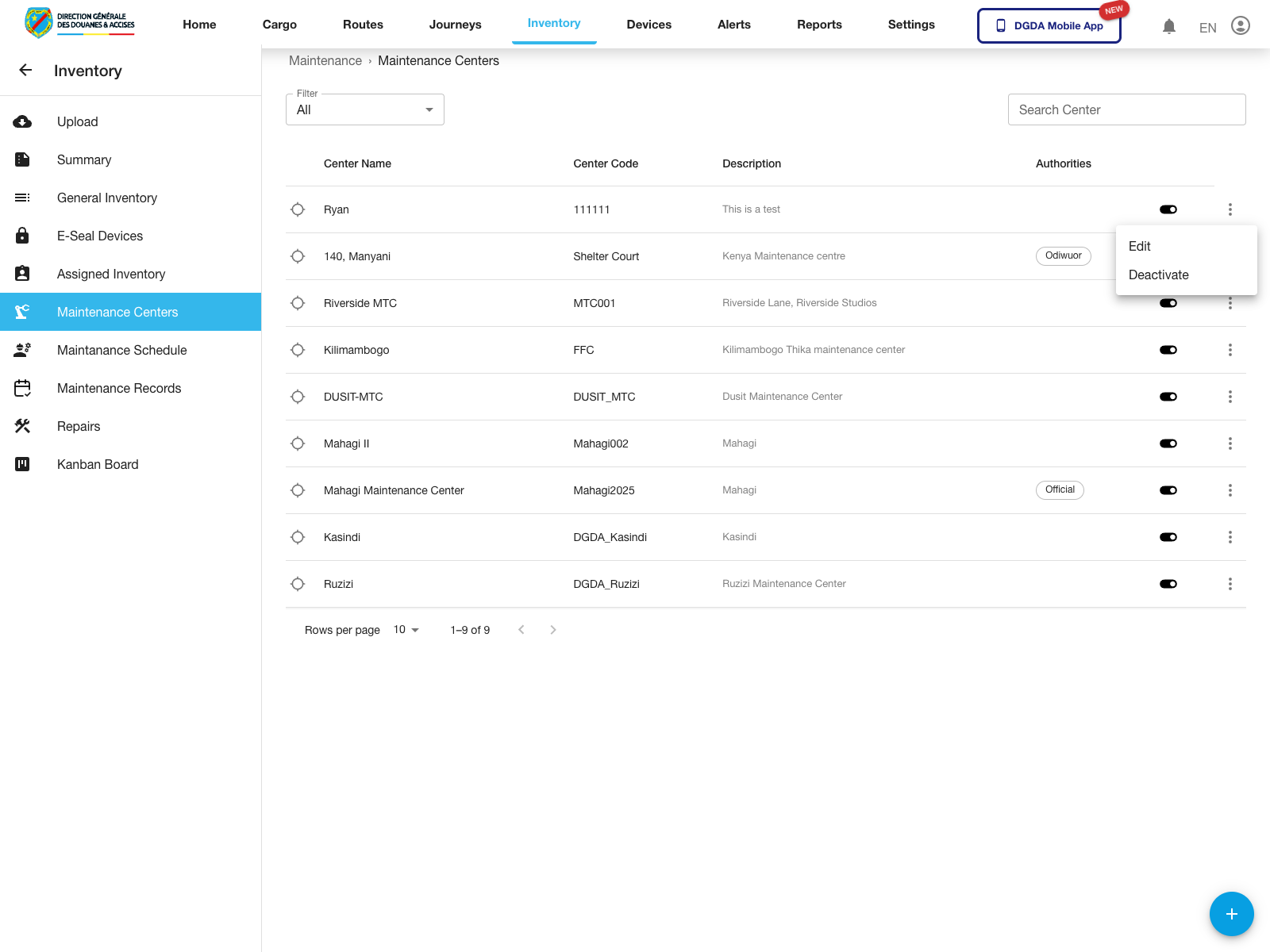 Maintenance - Center actions menu