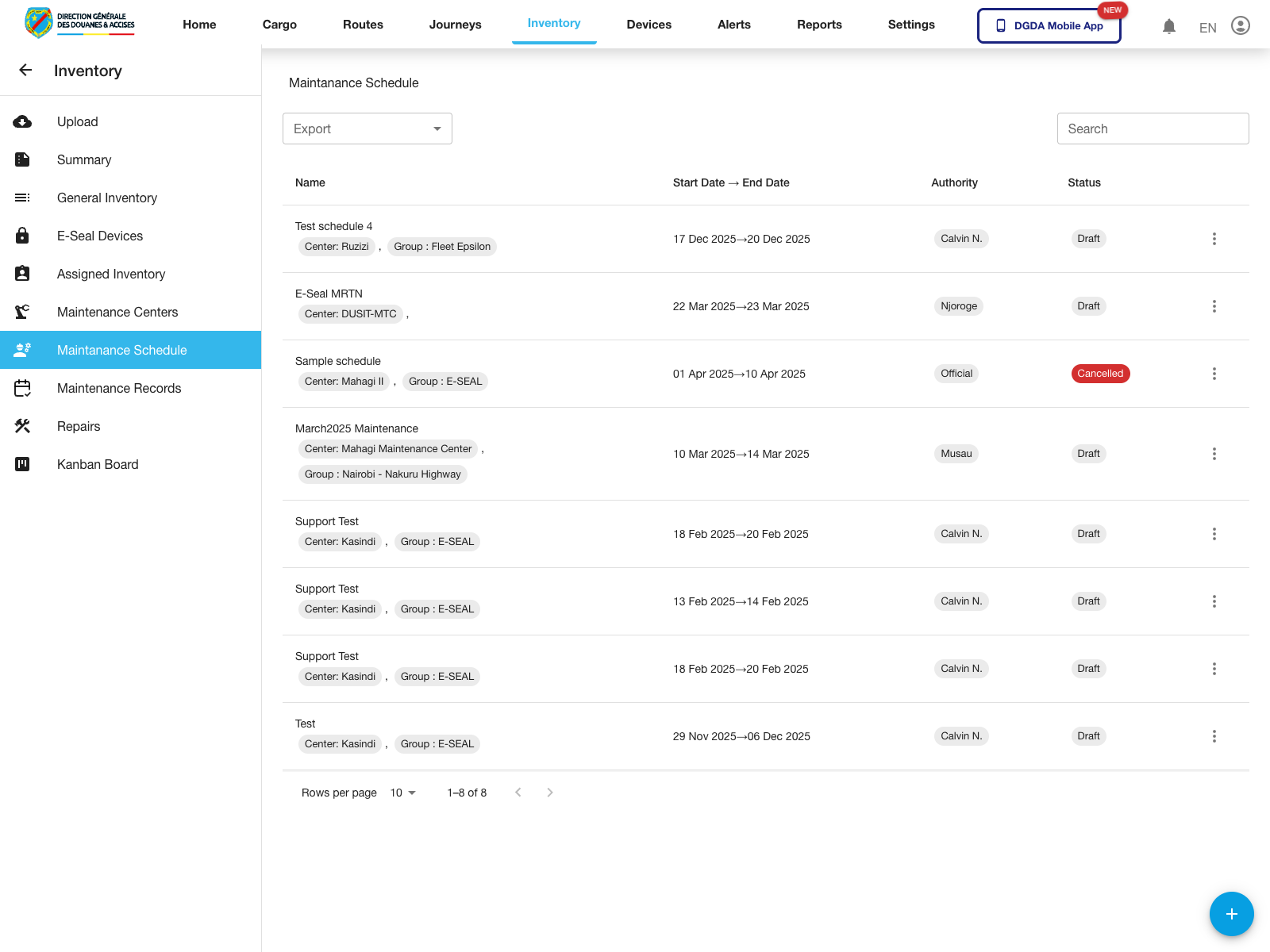 Maintenance - Schedule list