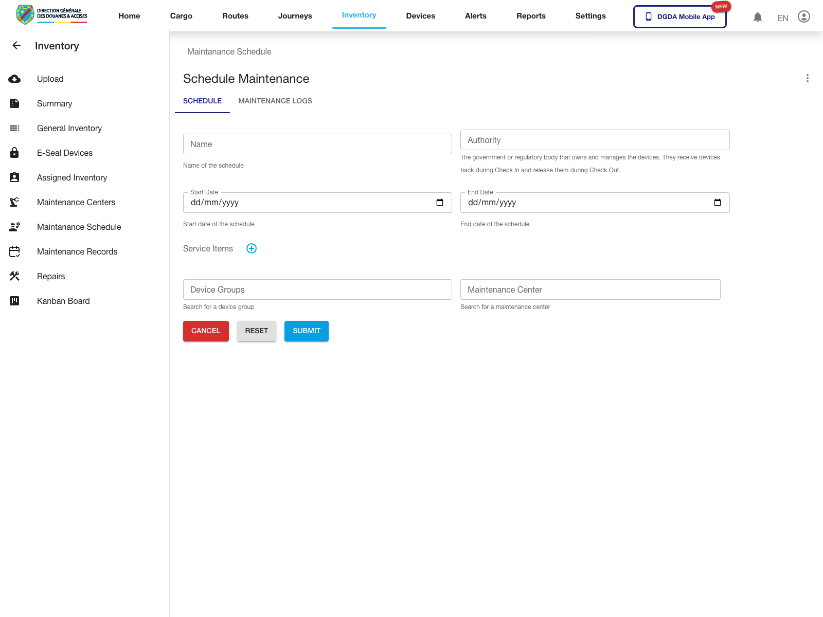 Maintenance - Schedule add form