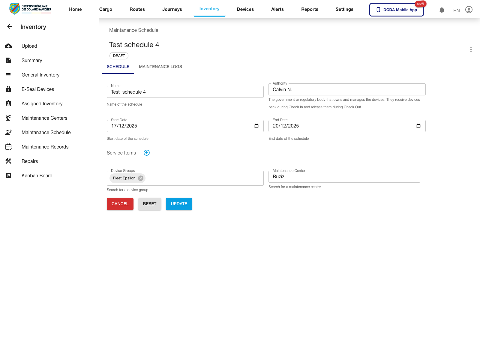 Maintenance - Schedule edit form