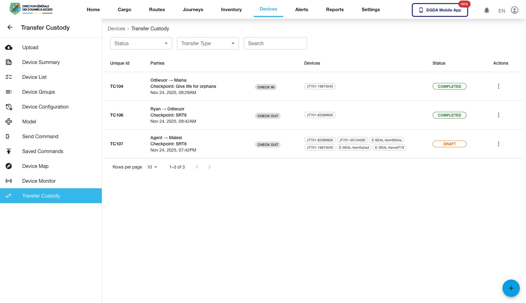 Device - Transfer Custody