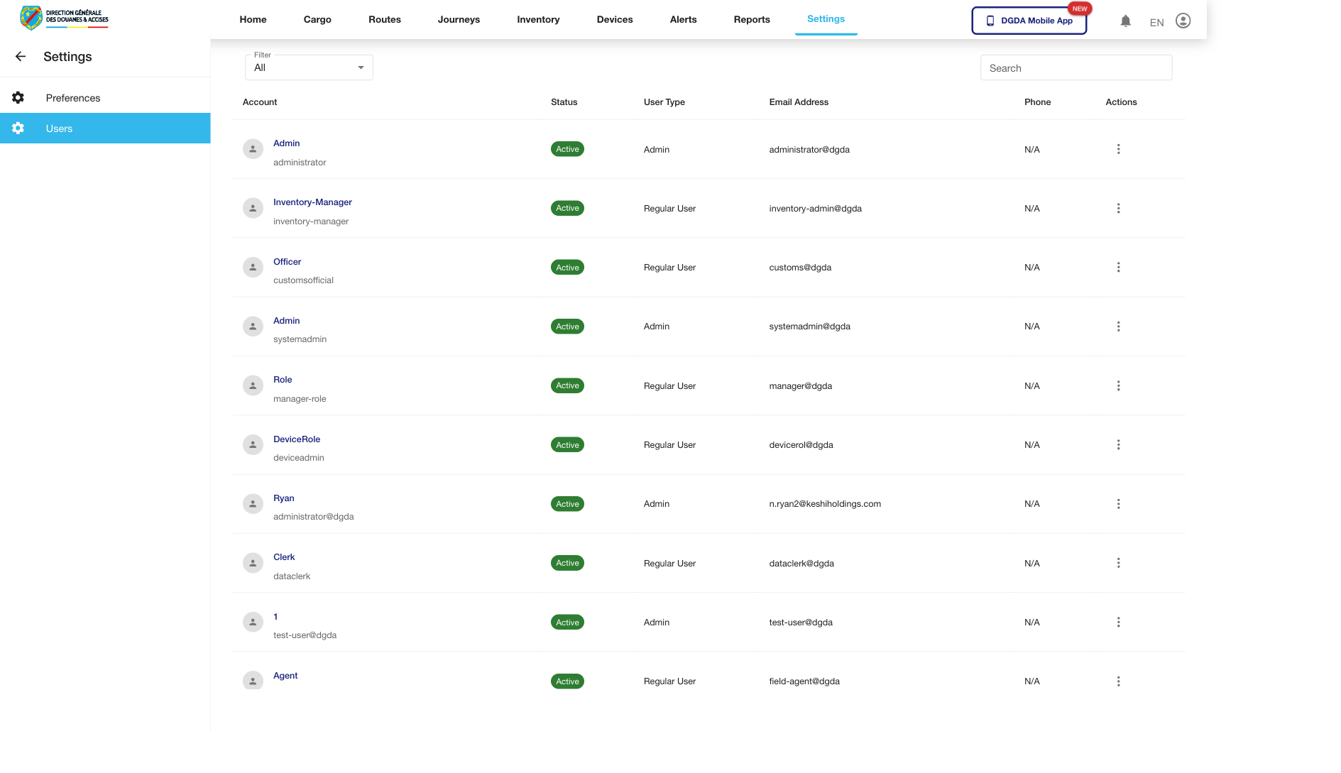 Settings - Users before click