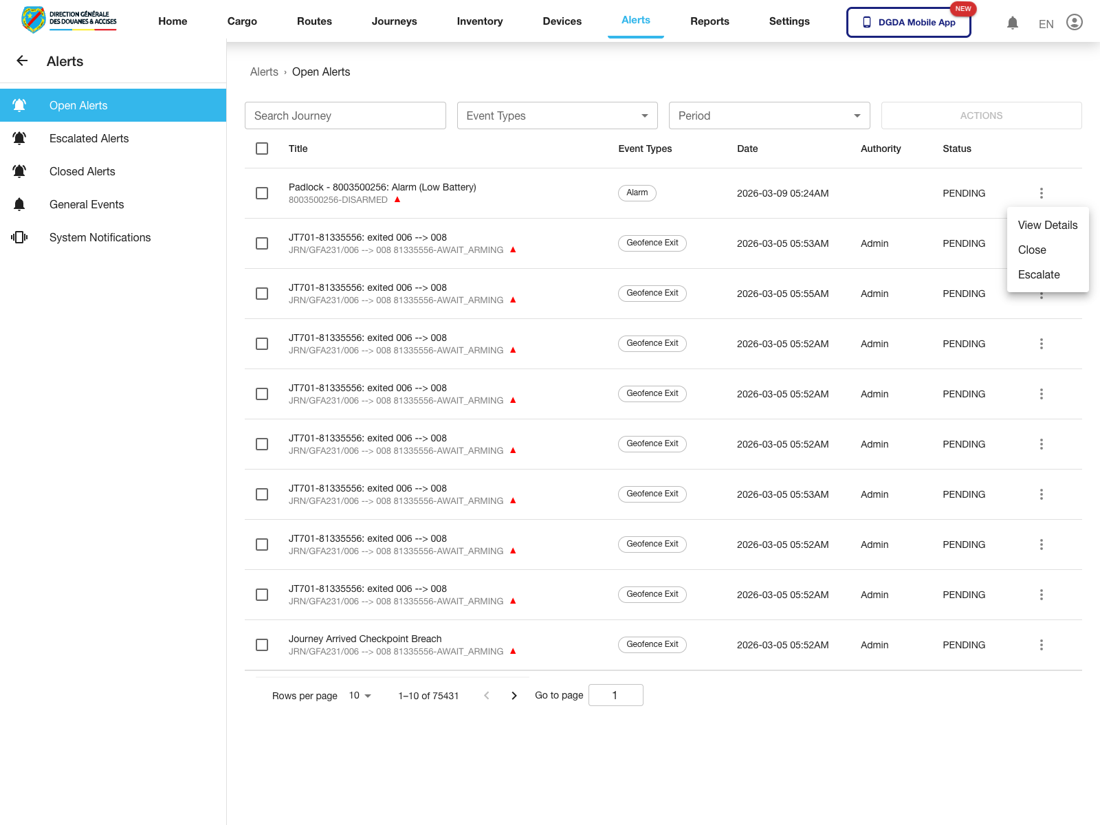 Alerts - Open alert actions