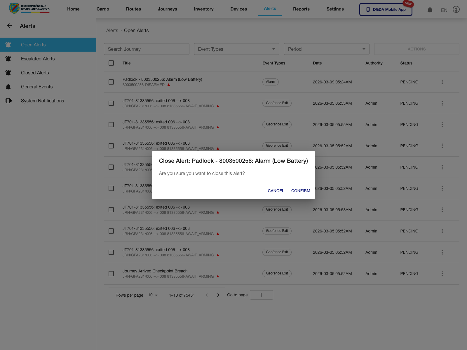 Alerts - Close dialog
