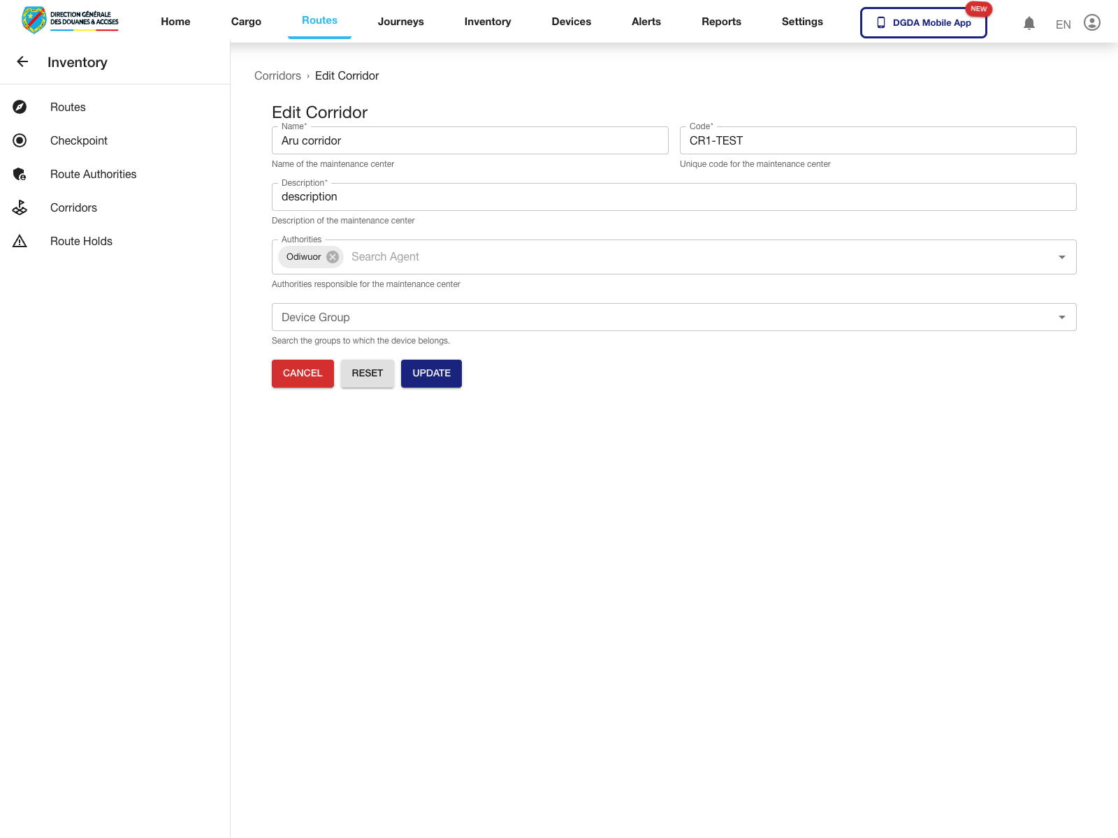 Routes - Edit corridor