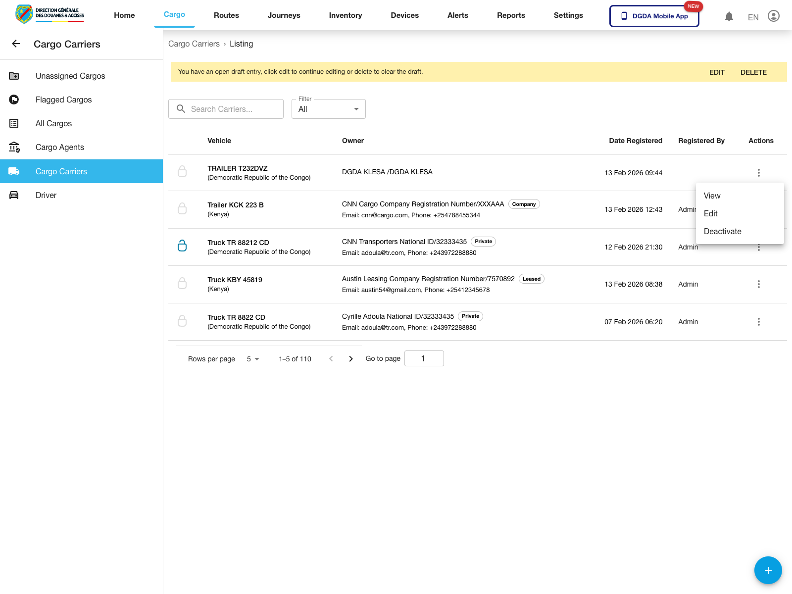 Cargo - Carrier actions