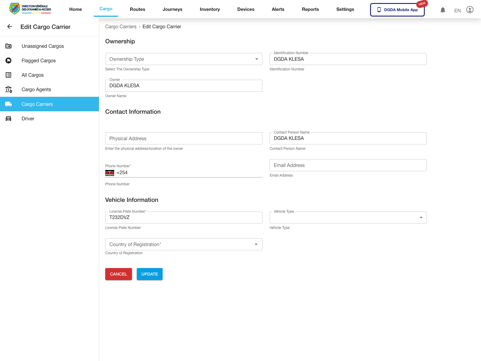 Cargo - Edit carrier