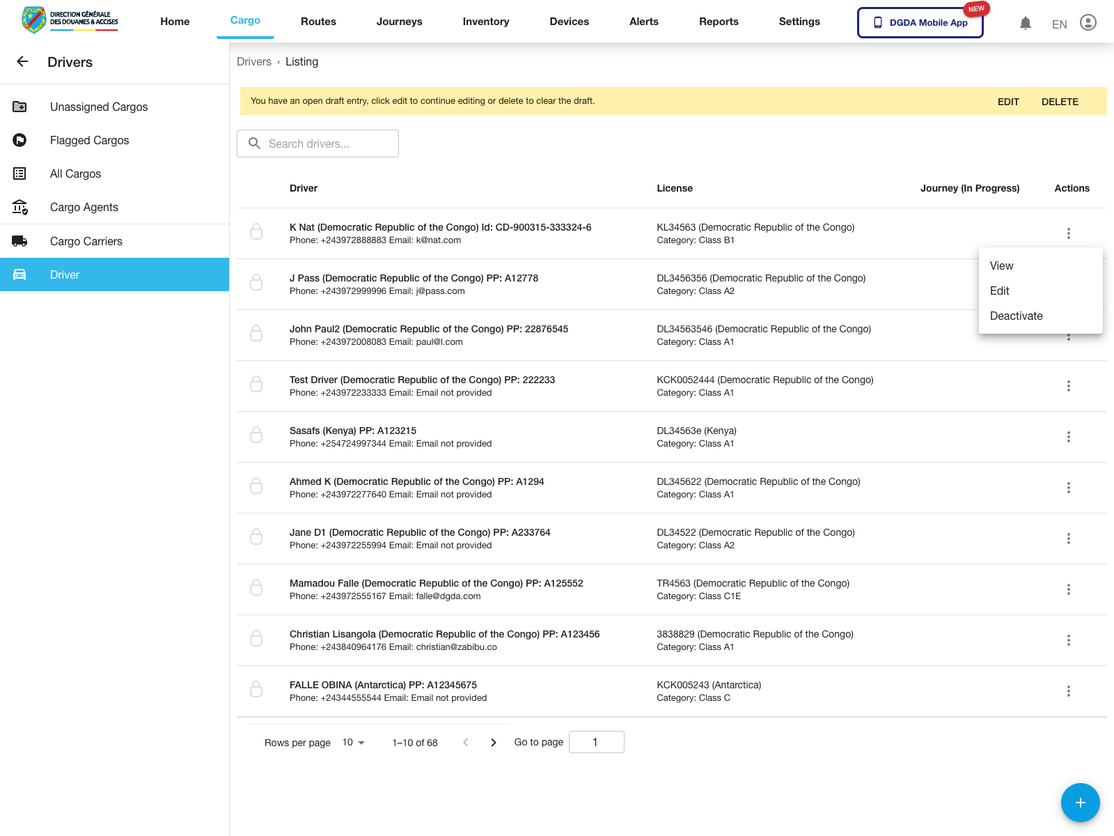 Cargo - Driver actions