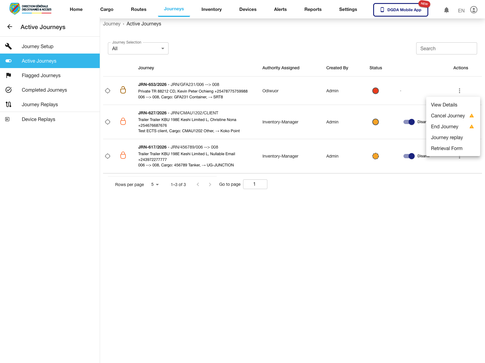 Journey - Active actions menu